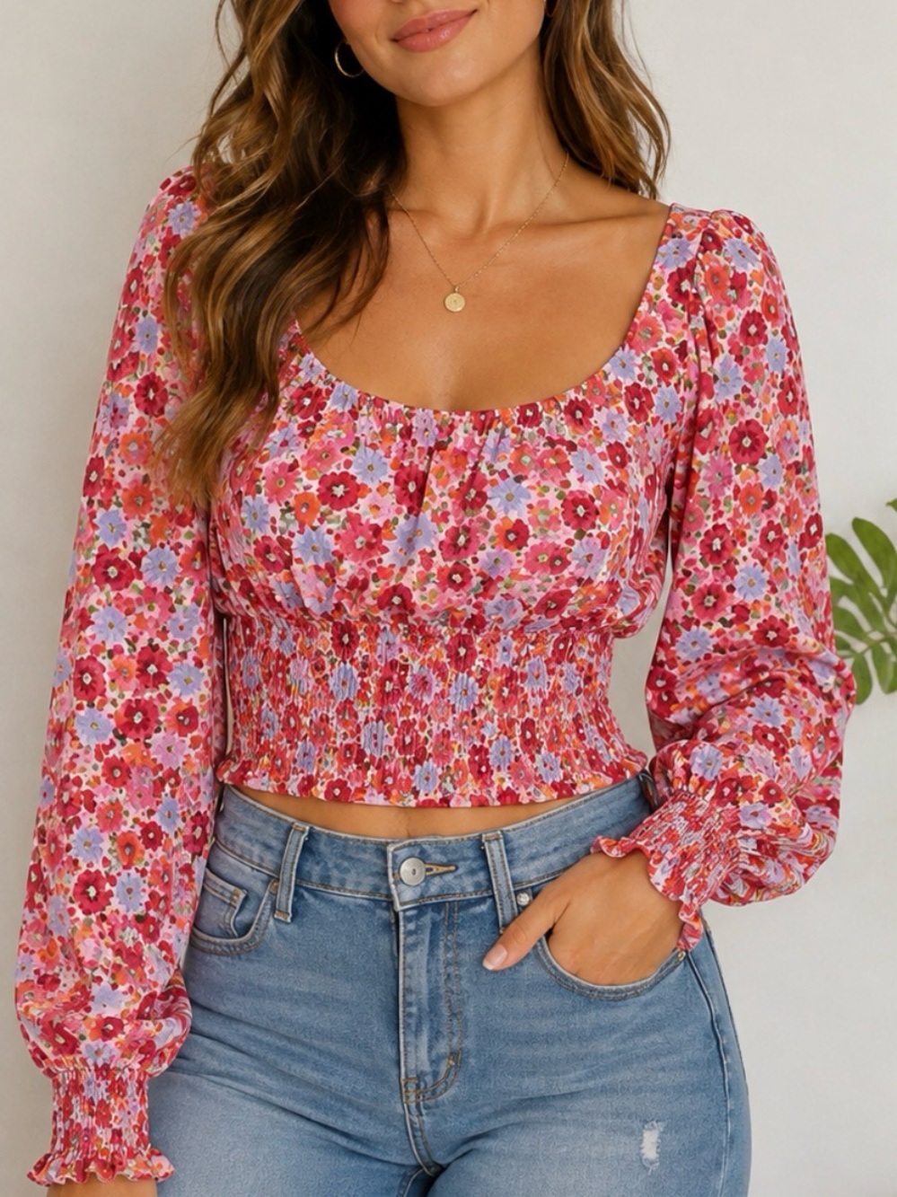 Forever 21 Red Pink Floral Smocked Long-Sleeve Crop Top